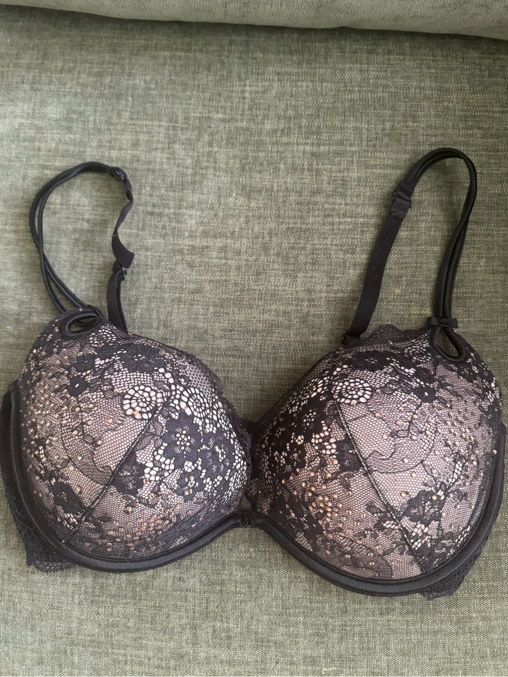 Victoria's Secret Black Lace Over Nude Push-Up Bra with rhinestone detail 34DD